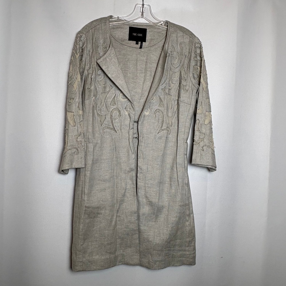 NIC+ZOE Womens Oatmeal Linen Blend Embroidered Mesh Cutout Topper Jacket‎ Size S